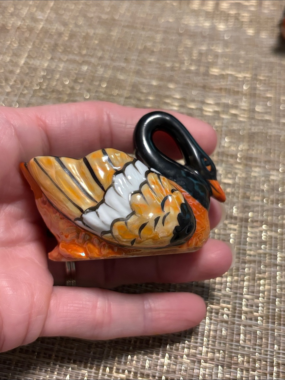 NORITAKE swan salt cellars set black orange lusterware